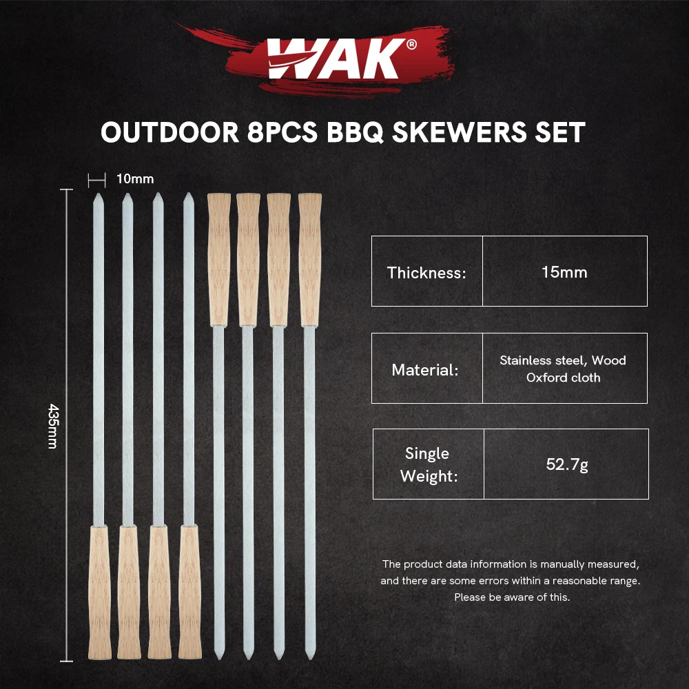 WAK Outdoor 8PCS BBQ Skewers Tools Polishing Wooden Handle Grill Roasting Sticks 43.5cm Camping Set Storage Bag Kiit