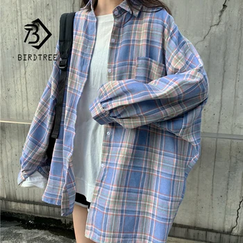 

Fall New Arrival Women Vintage Oversize Plaid Shirt Batwing Sleeve Button Up Purple Pockets Blouse Loose Tops Feminina Blusa T07