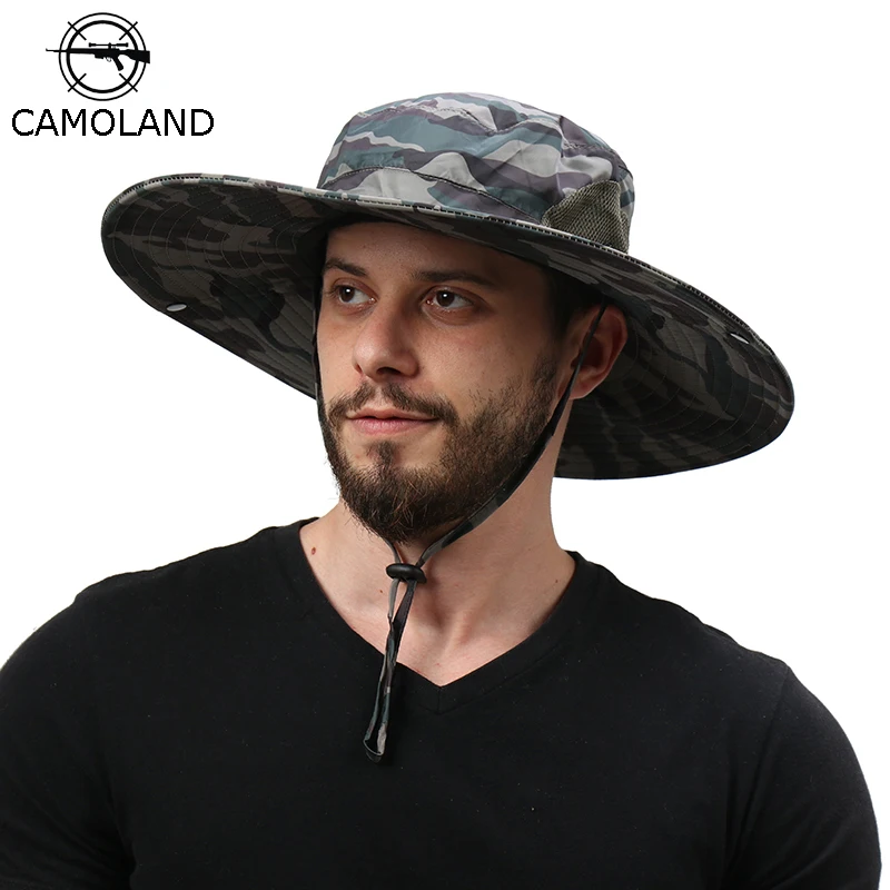 CAMOLAND New Arrival Bucket Hats For Men Camouflage Sun Hat Male Outdoor  Tactical Fishing Hiking Caps Long Wide Brim Booie Cap