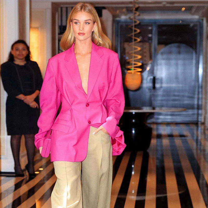 

2019 Autumn Runway Solid Red Woman Blazers Notched Collar Long Sleeve Single Breasted Button Slim Waist Coats Office Lady Tops