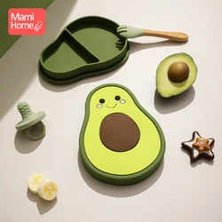 Baby Feeding Bowl Fork Safe Silicone Dining Plate with Lid Cartoon Avocado Waterproof Feeding Bowl Non-Slip Crockery BPA Free