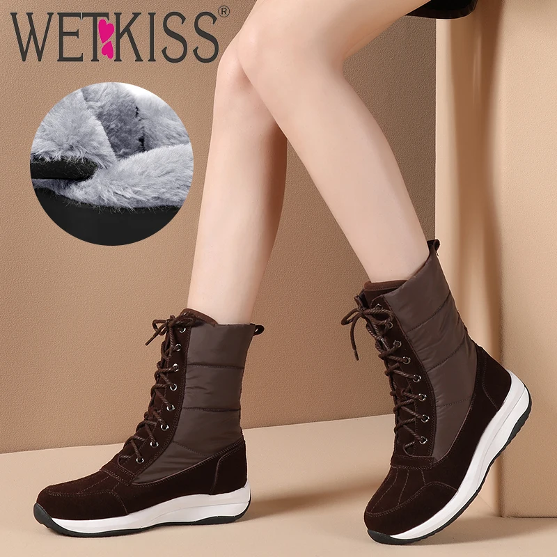 WETKISS/Новинка года; женские ботильоны из коровьей замши; водонепроницаемые зимние ботинки на пуху; женская модная повседневная обувь; женские зимние ботинки