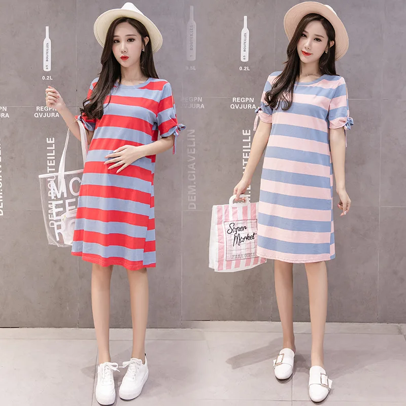 

2018 New Style Mixed Colors Bold Stripes Large Size Maternity Clothes Mid-length Bandage Cloth T-shirt Dress Hot Mom Cotton Dres