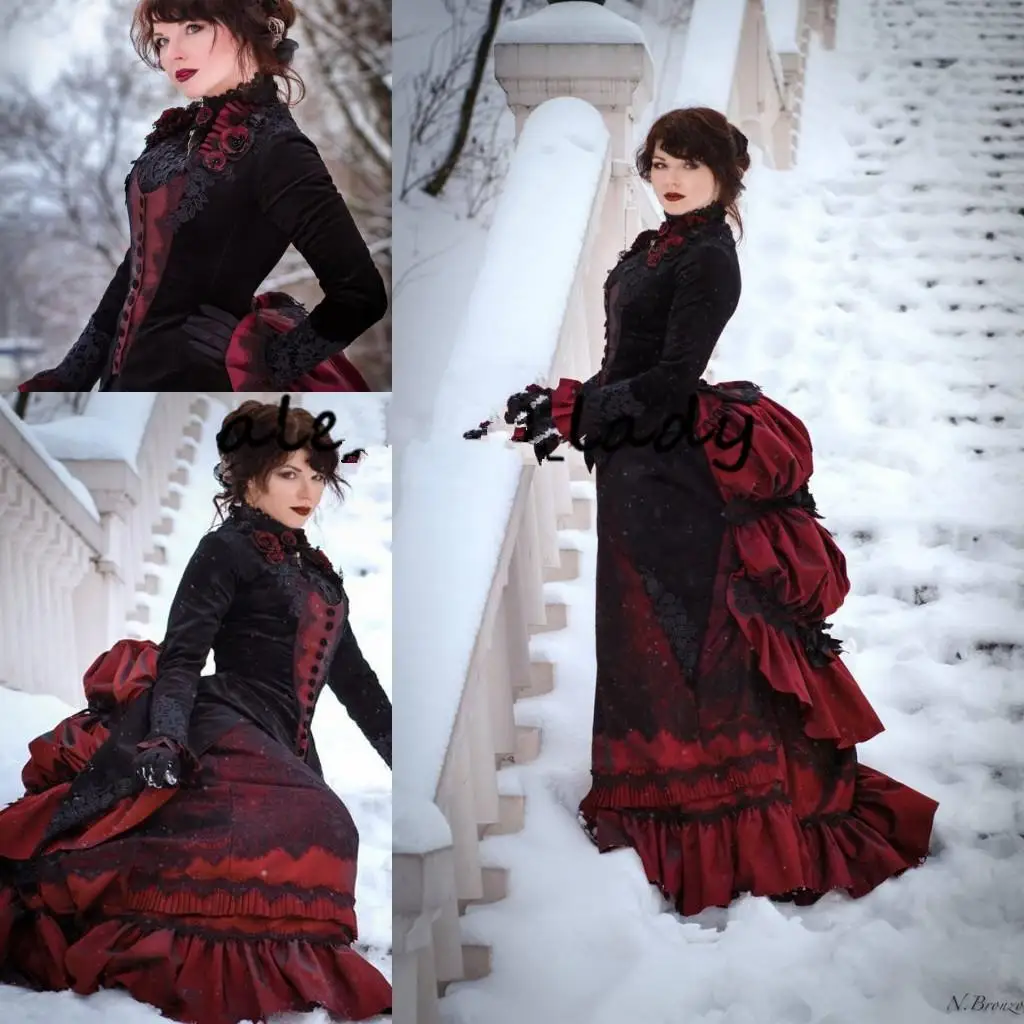 

Vintage Black and Burgundy Gothic Wedding Dress Long Sleeve Victorian walking costume Bustle skirt and Velvet Jacket Bride Gowns