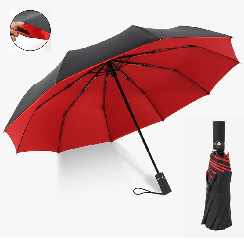 

Ten Bone Double Deck 190T Pongee Fully automatic Umbrella Sun 3 Folding Fiberglass Strong Windproof Rain For Women Men Travel