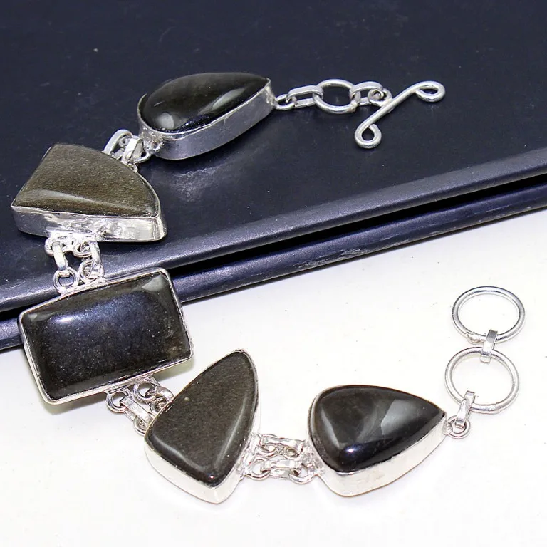 Black Onyx Bracelet Silver Overlay over Copper 21cm B0600 | Украшения и аксессуары