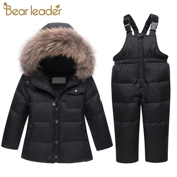 

Bear Leader Children Winter Fashion Clothing Sets New Boys Zipper Down 2PCS Suspender Hooded Sets Long Pants Gilrs Solid Outfits