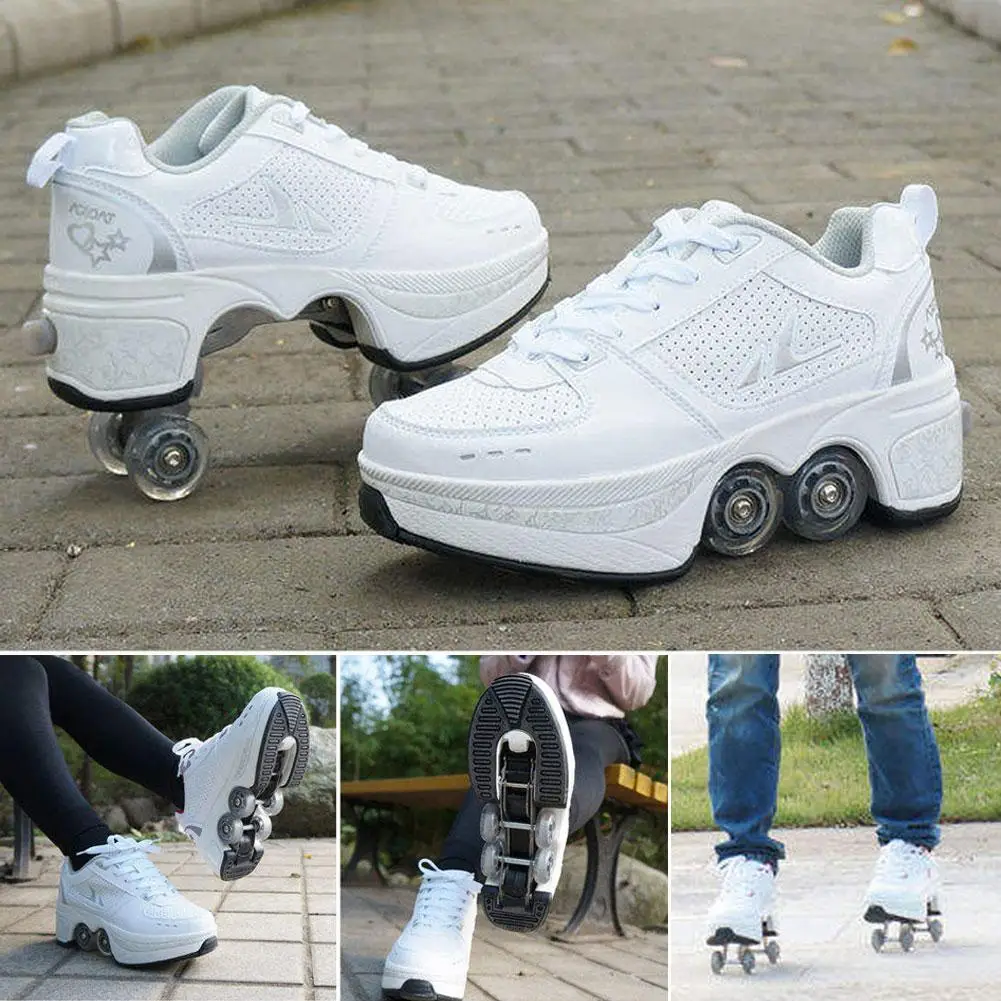 Zapatos de senderismo de cuatro ruedas para adultos y niños, patines de ruedas multifuncionales, deformados