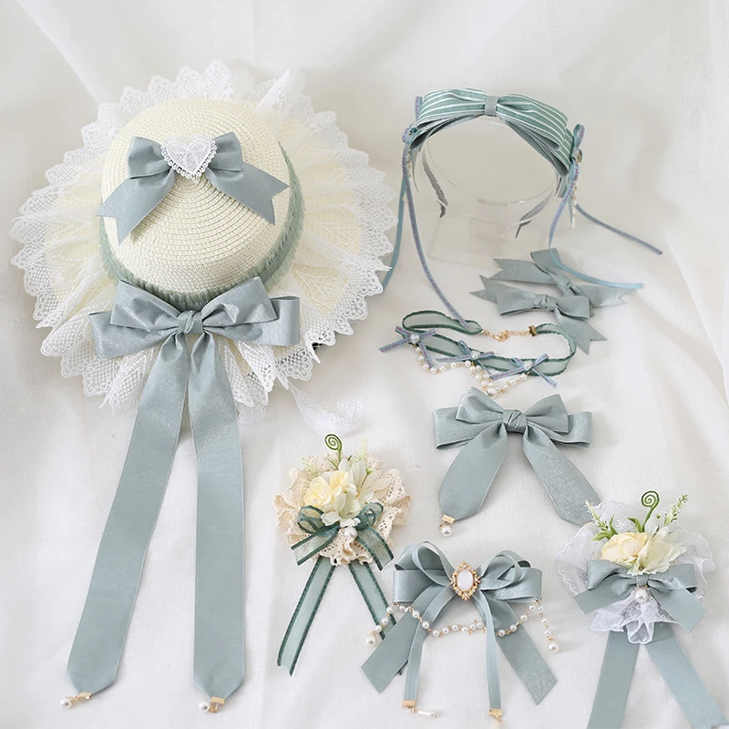 

Lolita Original Elegant Bean Green Sweet Lolita Barrettes Straw Hat Girl Headband Brooch