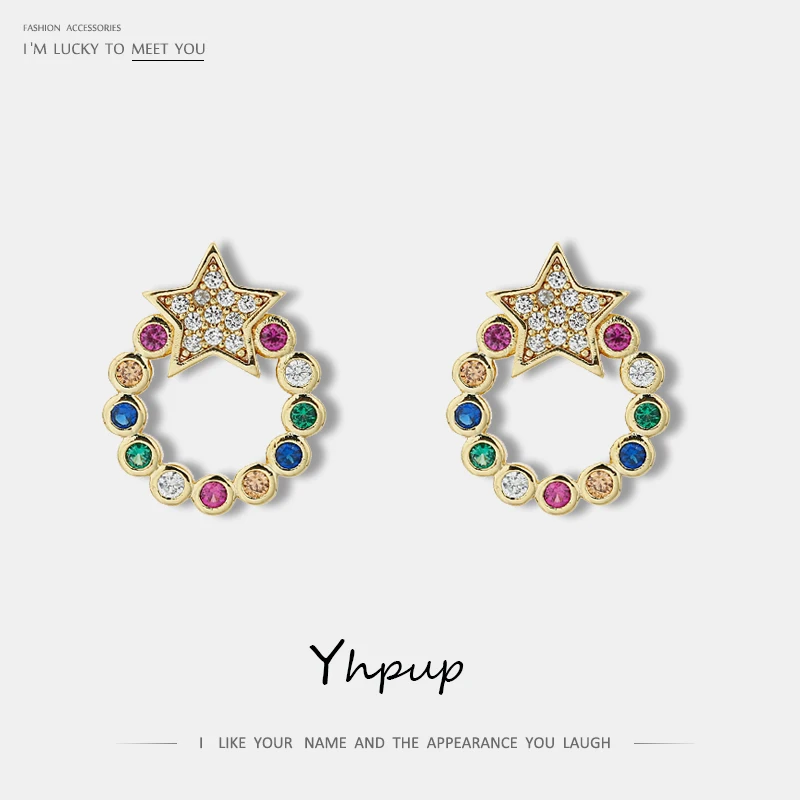 

Yhpup New Trendy Super Bling Cubic Zirconia Geometric Stud Earrings Tiny Colorful 14 K Metal Jewelry for Women Office Party S925