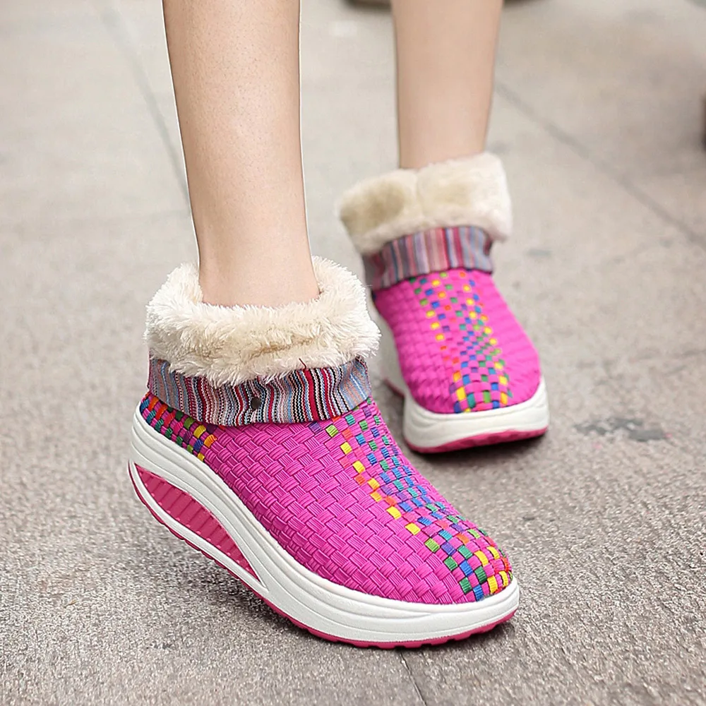 KANCOOLD/женские зимние ботинки; Зимние ботильоны из плюша с коротким мехом в полоску; женская обувь; Теплая обувь на платформе без застежки