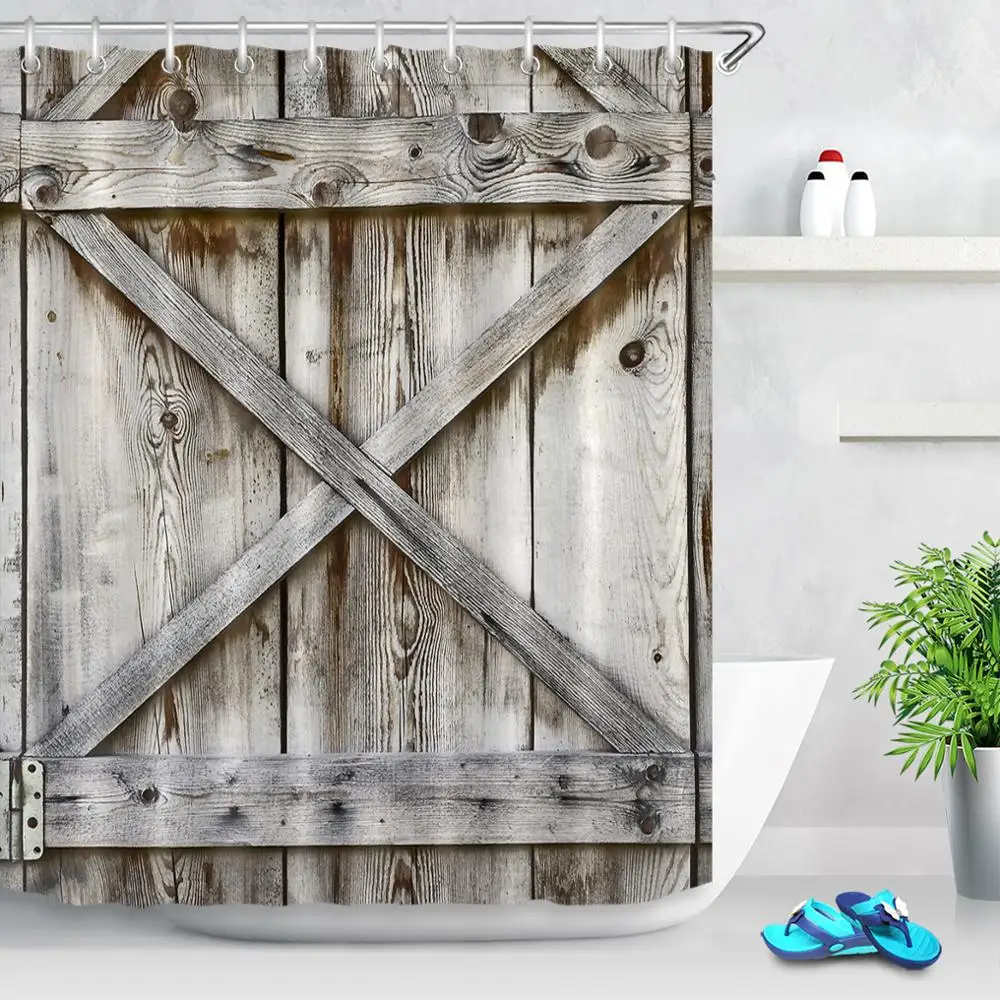 Rustic Wood Board Shower Curtain Retro Wooden Barn Door Fabric Shower