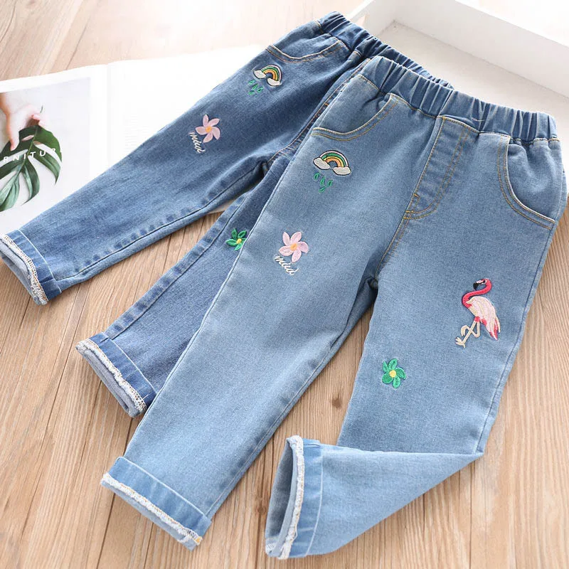 

22177 Girls' Trousers 19 Autumn Flamingo Rainbow Embroidery Baby Girls Cowboy Casual Pants Childrenswear