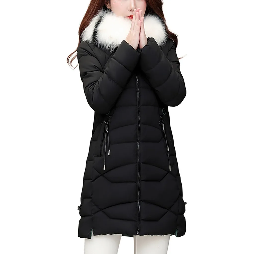 Женские пальто и куртки, зимние теплые толстые длинные парки из искусственного меха, с капюшоном, Повседневная облегающая женская зимняя одежда куртка-пузырь, пальто - Цвет: Черный