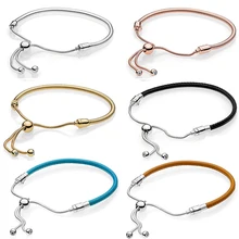 Подлинный, 925 пробы, серебряный,, скользящий, Европейский, кожаный, змейка, браслет-цепочка, подходит для женщин, шарик, шарм, браслет, подарок, сделай сам, ювелирное изделие