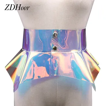 

Women Fashion Waistband Punk Holographic Clear PVC Ruffle Cincher Belt Skirt Cummerbunds Female Roleplay Costume Clubwear