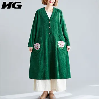 

HG Folk Custom Embroidered Plus Size Trench Coat V Neck Long Tops Fashion Literary Windbreaker Women Women Clothes 2019 XJ1875