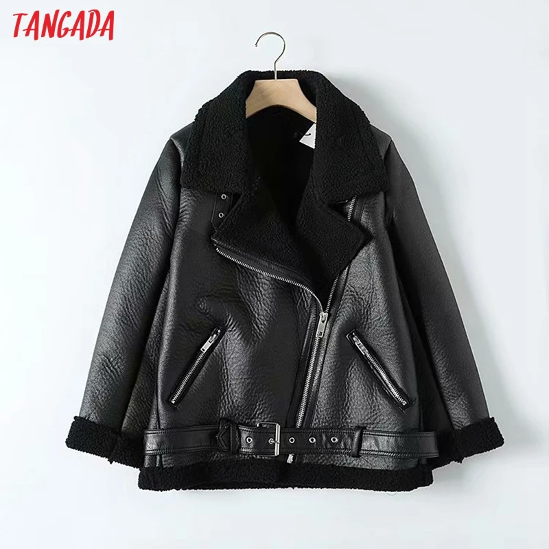 Tangada Women beige fur faux leather jacket coat with belt turn down collar Ladies 2019 Winter Thick Warm Oversized Coat 5B01