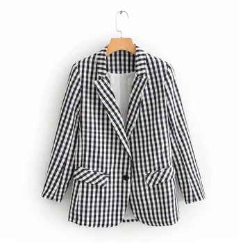 

VomvoaRetro Fashion Office Lady Plaid Suit Jacket Long Sleeve Loose Houndstooth Elegant One Button Suit Jacket Women's Top 2019