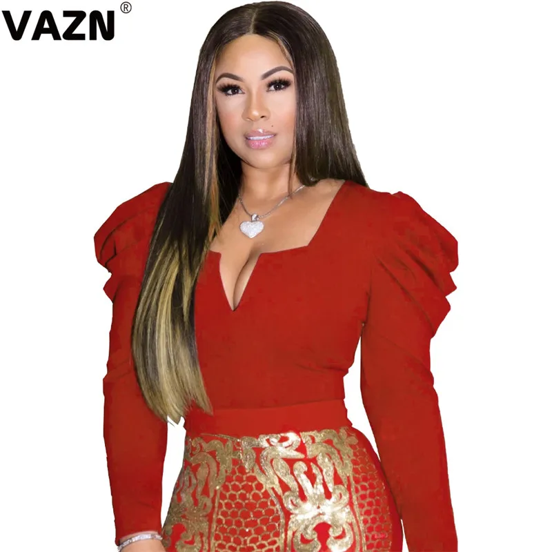 VAZN New Arrival Young Lady Of Note Sexy Untidy Office Mature Age Fashion Solid Strapless Full Sleeve Regular Women Slim Tees - Цвет: Красный