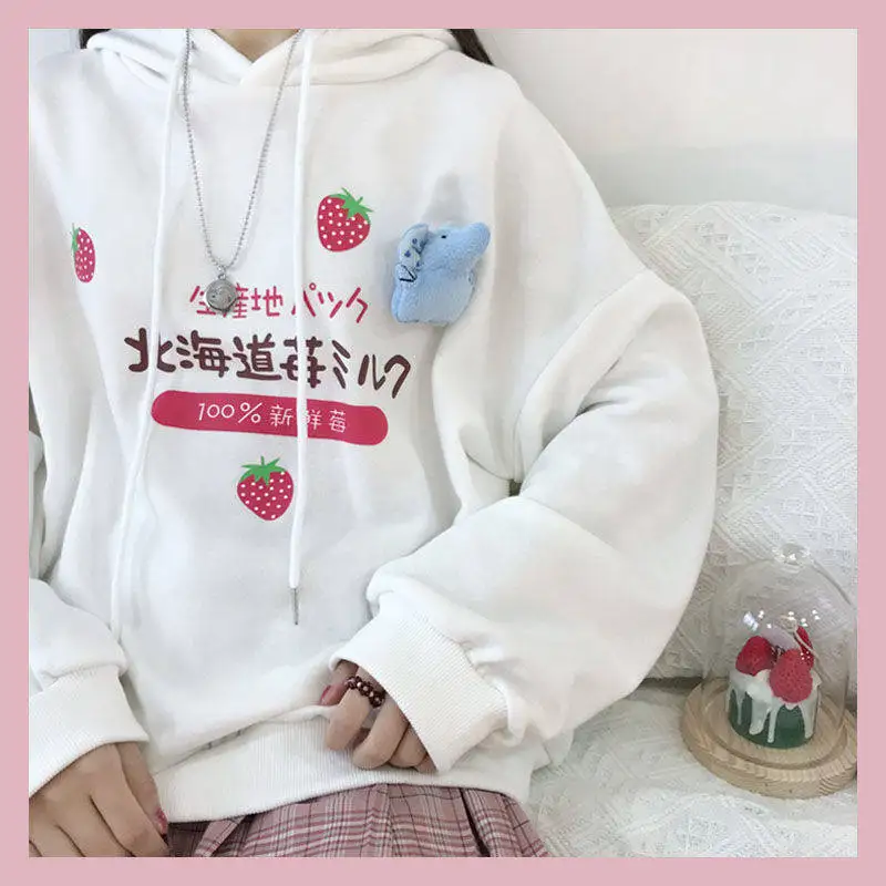  Harajuku Kawaii Strawberry Milk Graphic Sweatshirt Hoodie Women Streetwear Winter Plus Size Women L