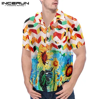 

2020 Fashion Hawaiian Shirt Men Short Sleeve Streetwear Lapel Camisa Casual Flower Printed Vacation Beach Shirts INCERUN S-3XL