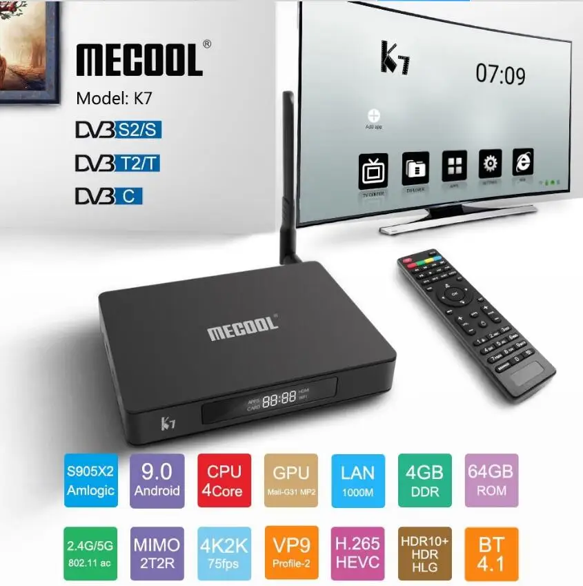 Mecool K7 ТВ приставка Android 9 0 4k цифра спутниковый телевизионный ресивер DVB T2/S2/C Amlogic