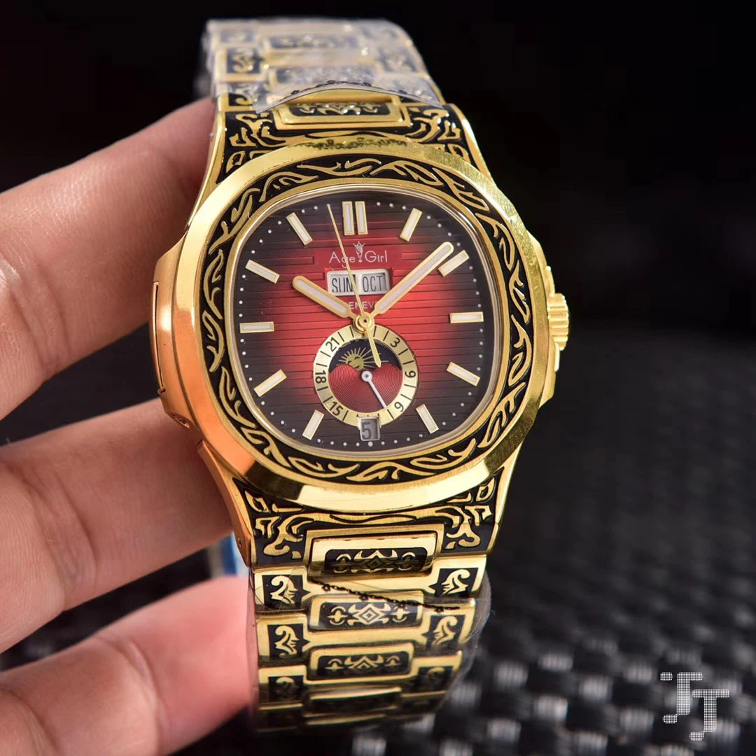 

Brand New Men Stainless Steel Automatic Mechanical DayDate Transparent Moon Phase Sapphire Yellow Gold Vintage Carved Watch AAA+
