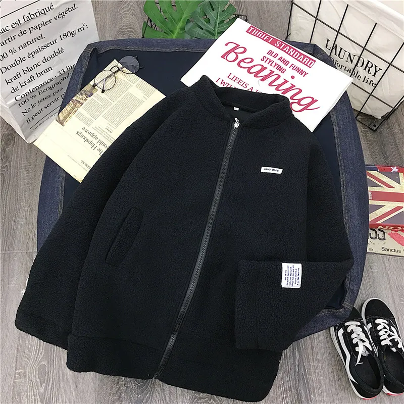Осенне-зимняя женская мода черный воротник-стойка флисовая куртка длинный рукав Толстая теплая молния патч ткань женская одежда пальто