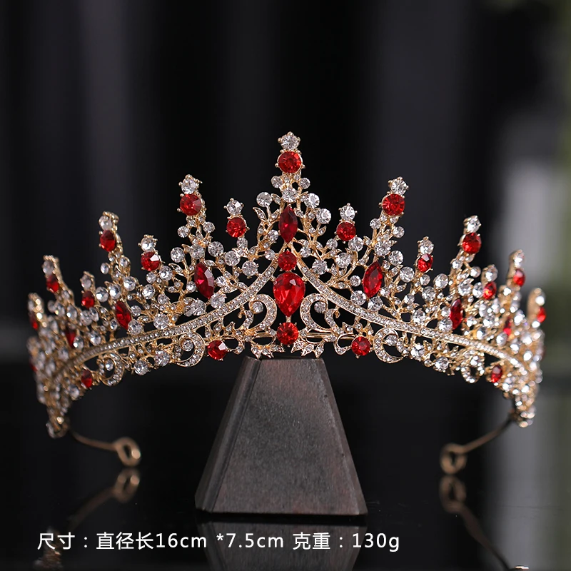 New Golden Bride Crown Princess Headwear Birthday Red Rhinestone Headband Wedding Hair Jewelry Bridal Tiaras Vintage Headpiece