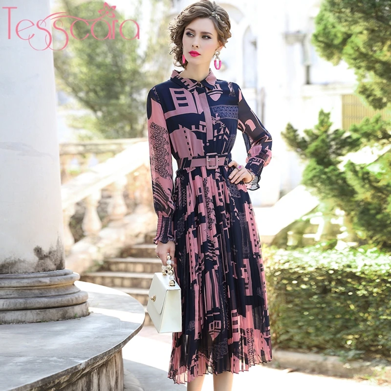 TESSCARA Women Runway Designer Luxury Pleated Chiffon Dress Shirt High Quality Long Party Robe Femme Elegant Cocktail Vestidos | Женская