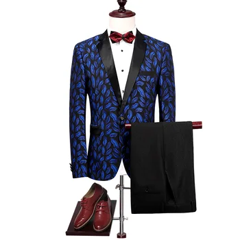 

Men Suit Blue Waistcoat Pant Designs Men Wedding Suit 2019 Fish Print Mens Suits Blazer and Pants Prom Stage Wear Men