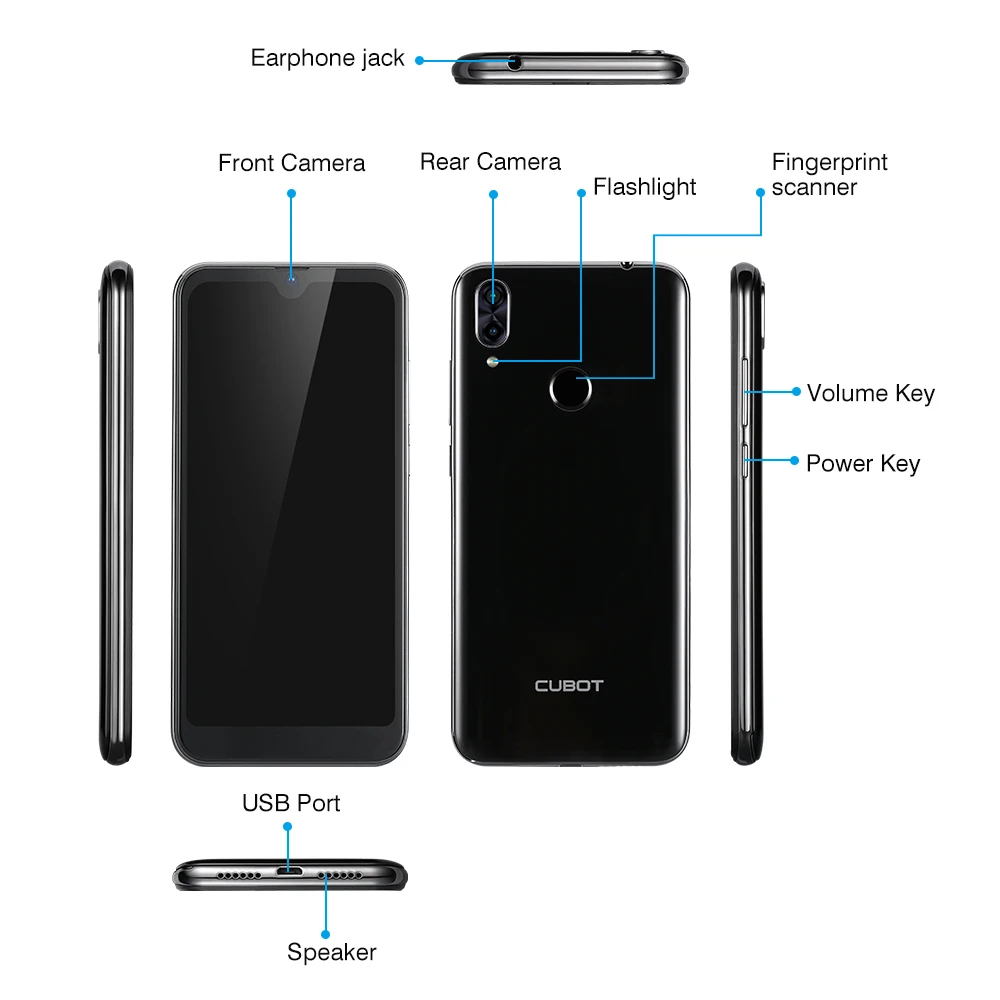  Cubot R19 3GB+32GB Smartphone 5.71'' Android 9.0 Quad Core Fingerprint Water Drop Screen Face ID Mo