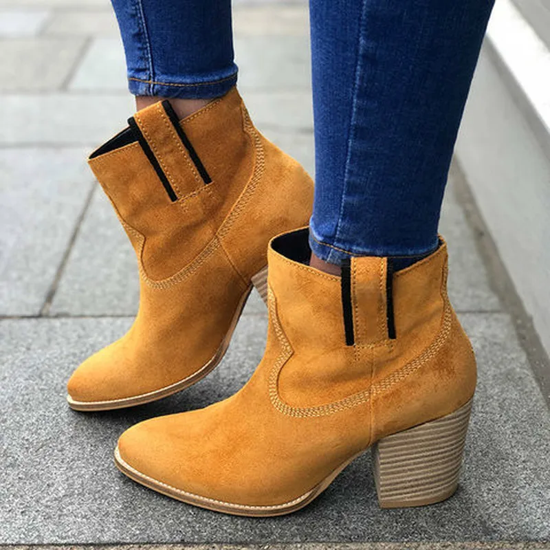 

Ankle boots for women slip-on round toe high heels boots big size 2019 autumn new shoes woman botas mujer B13