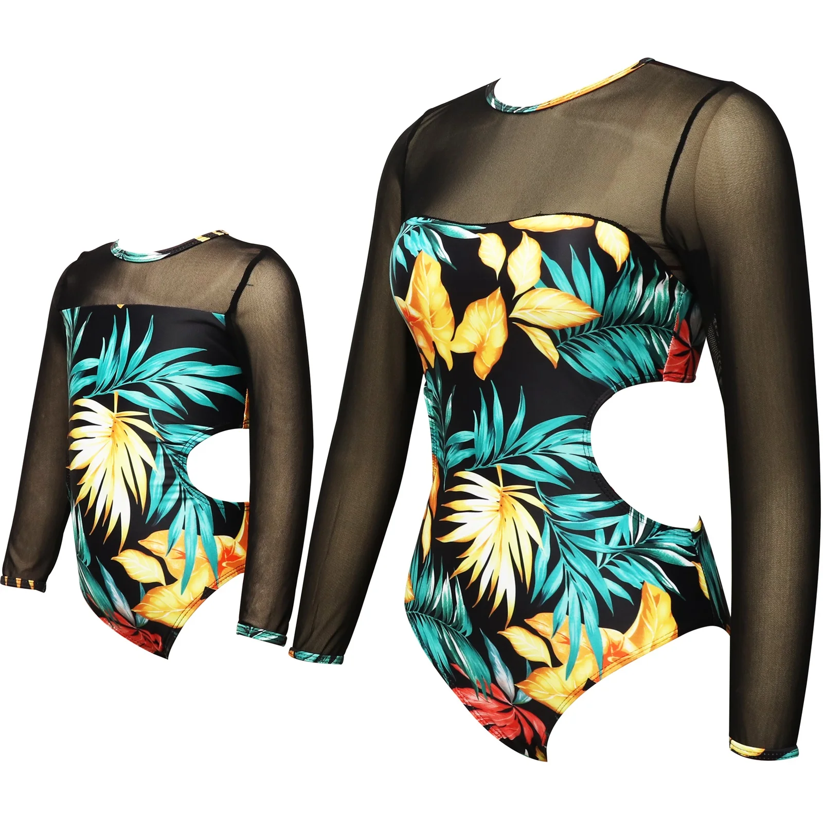 Pudcoco Mother Daughter Family Matching Swimwear Tulle Long Sleeve Hollowed Waist Leaf Print Sun-proof Baby Girl Women Swimsuit