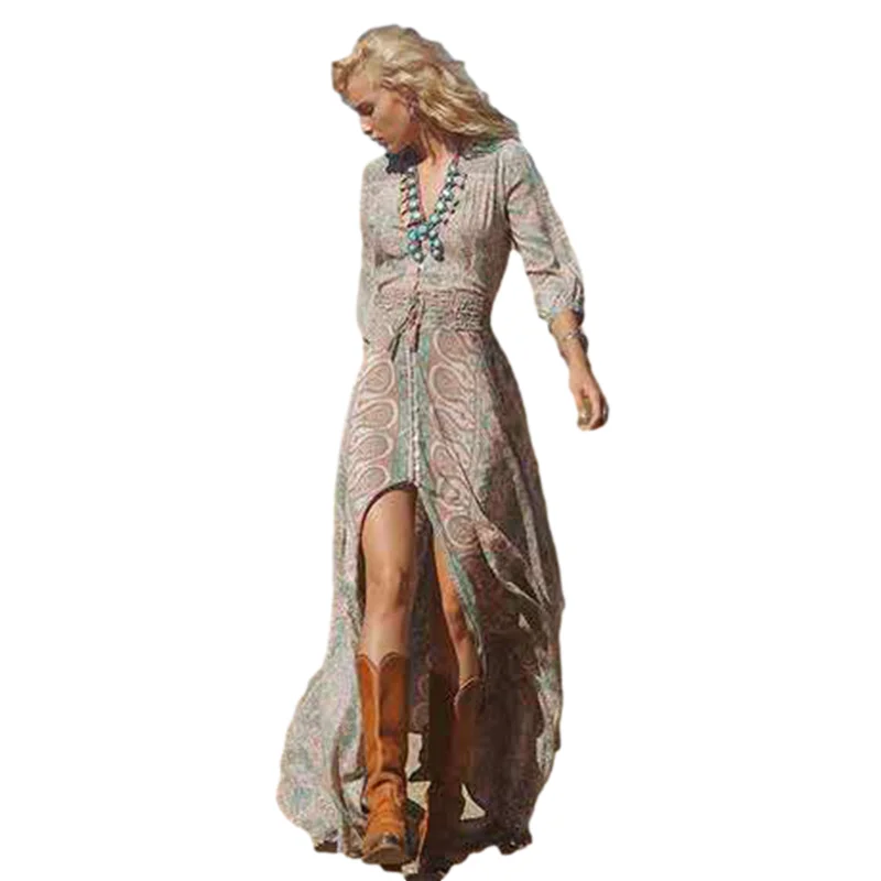 Chiffon Deep V-Neck Long Sleeve Print Patchwork Dress Elastic Waist Tassel Belt Spring Fall Boho Bohemian | Женская одежда
