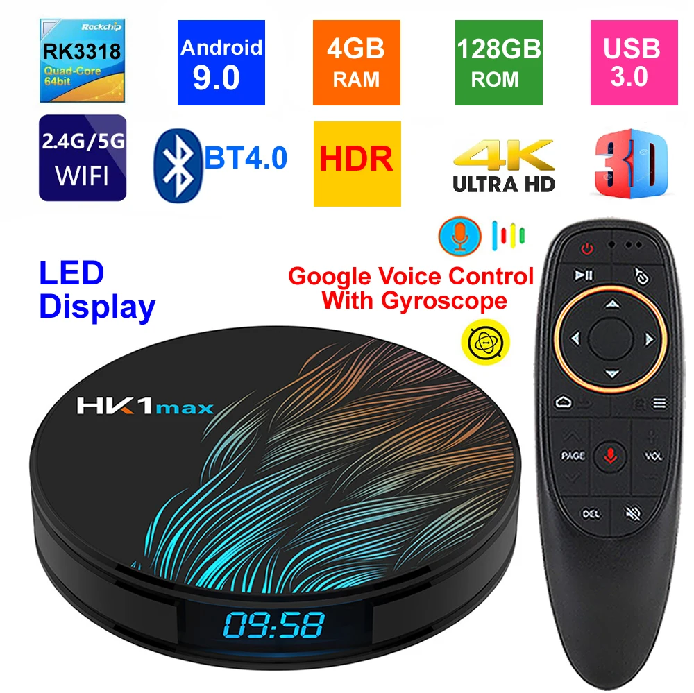 Android 9.0 Smart TV BOX HK1 MAX RK3318 Quad Core 4GB RAM 128GB ROM 2.4G/5G Dual WIFI USB3.0 BT4.0