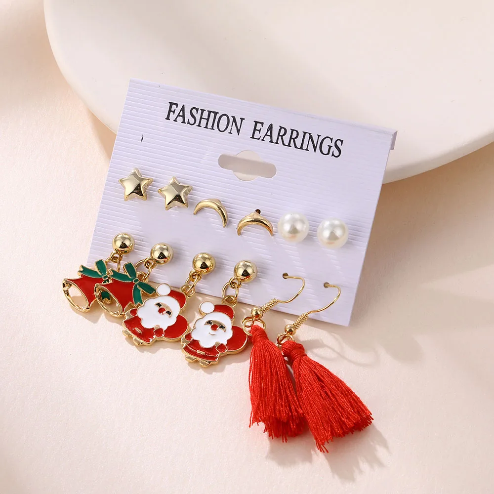 Winter Pearl Tassel Christmas Earring Set Fashion Snowflake Tree Geometric Alloy Earrings Female Child Christmas Jewelry серьги