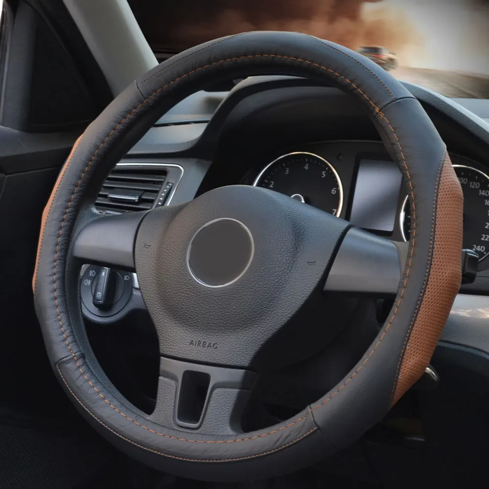 Коричневый DSYCAR 1 шт. чехол рулевого колеса автомобиля из натуральной кожи дышащие противоскользящие рулевые чехлы подходят 38 см Авто украшения - Название цвета: Коричневый