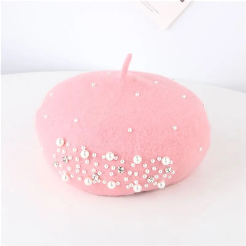Lightpink Семейные береты с жемчугом, зимние винтажные однотонные модные шапки для взрослых и детей, Роскошные теплые шерстяные береты унисекс для родителей и детей - Цвет: Lightpink