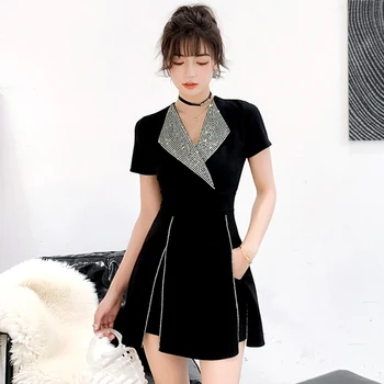 

Beading 2 Piece Dress Suits Women Notched Collar Short Sleeve Side Zipper Black Party Dress Suits Summer Shorts Two Piece Sets