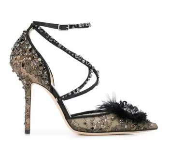 

Moraima snc Feather Crystal Embellished High Heel Shoes Sexy Pointed Toe Lace Flower Cross-tied Party Wedding Shoes Woman Black