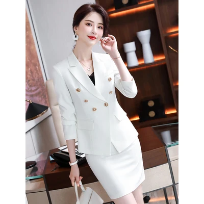 Business Suit For Women Skirt Professional Autumn Office Suits For Women Formal Cultivation Double Breasted Red Black White Sets 2