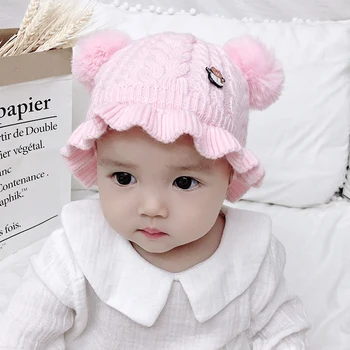 

2019 Newborn Baby Hat Autumn Winter Warm Knitted Cute Cap For Girls Boys Furry Balls Pompon Solid Cute Lovely Beanie Cap Gifts