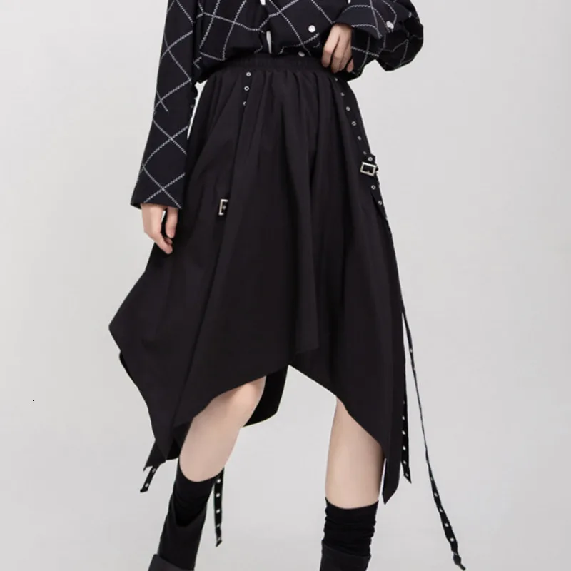 MEVGOHOT Irregularity Ruffles Black Pleated Woman Punk Skirt Autumn High Waist Draped All Match Street Webbing Skirt HD3047
