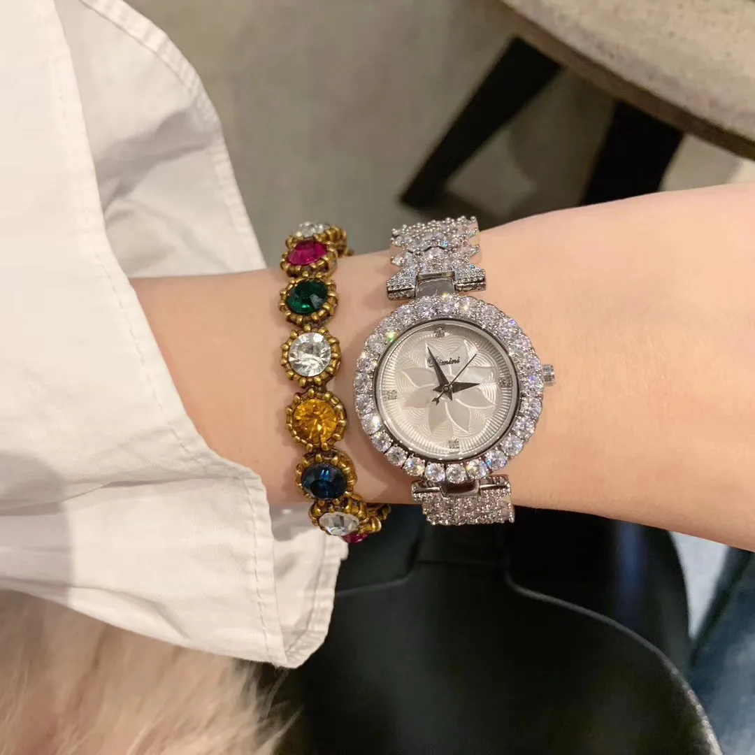 HerHome Fashion Women Full Crystals Jewelry Watches Luxury Rhinestone Bracelet Watch Waterproof Quartz Roman Wrist watch Lotus
