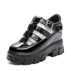 2021 Platform Wedges Sandals Real Leather Mid Heel Shoes T-Strap Round Toe Female Footwear Buckle Sandals Summer Black New