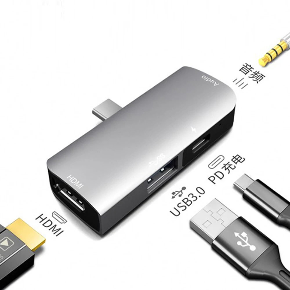 10 шт./лот 4 в 1 USB-C USB 3,1 type C концентратор с HDMI 4K 30HZ 3,5 мм аудио USB 3,0 type C PD зарядный адаптер концентратор для Macbook