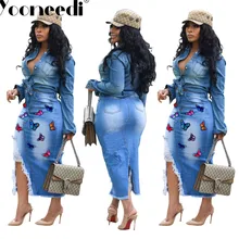 Yooneedi Осенняя дизайнерская Высокая уличная женская джинсовая юбка, цветная однотонная женская юбка миди с аппликацией бабочки LA-3152