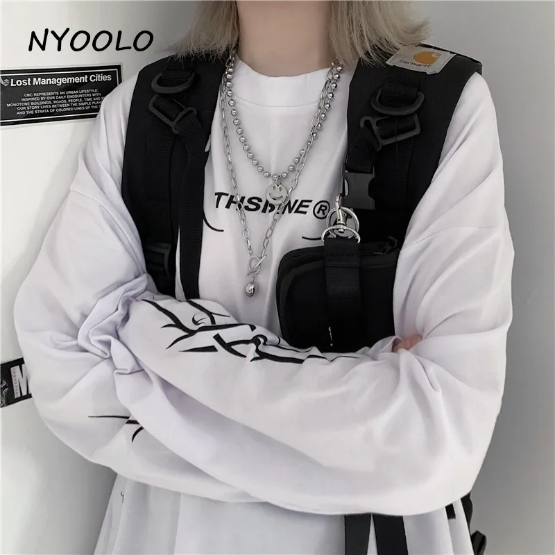 NYOOLO осень уличная простая свободная футболка с буквенным принтом Топы Harajuku стиль длинный рукав o-образным вырезом Футболка женская мужская одежда